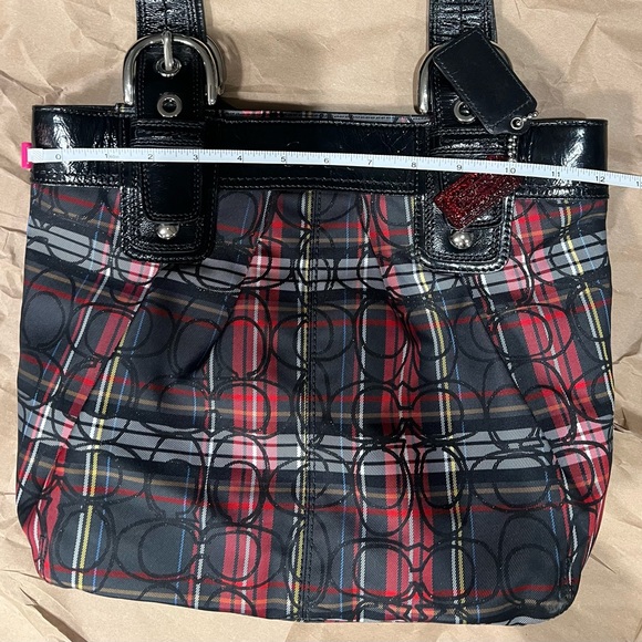 Signature Coach Poppy Bag Red And Black Plaid Shoulder Handbag Medium Size Purse - Picture 14 of 16